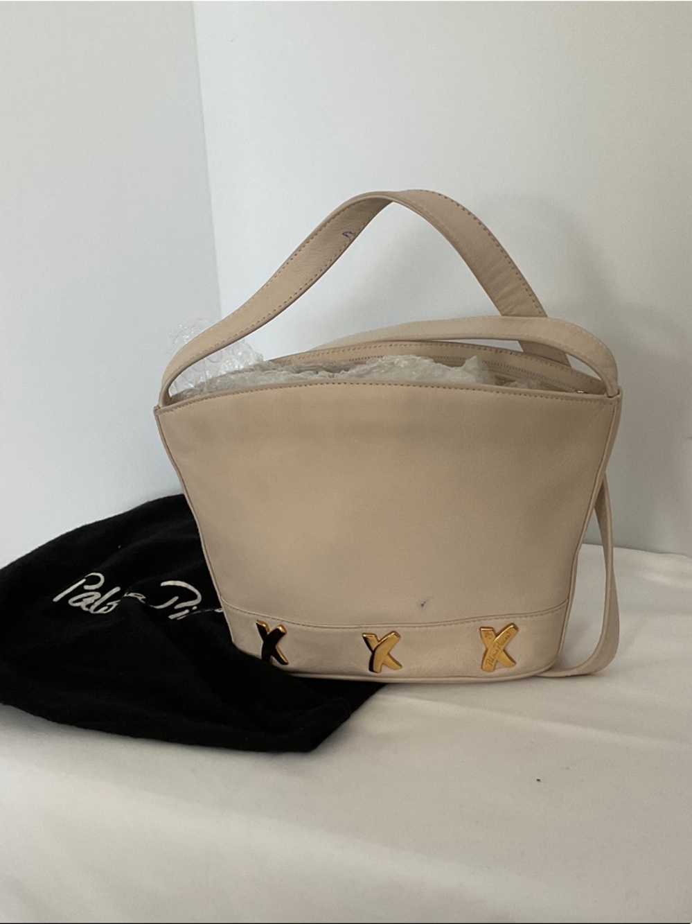 Paloma Picasso Cream Leather Shoulder Bag with Gold X Accents